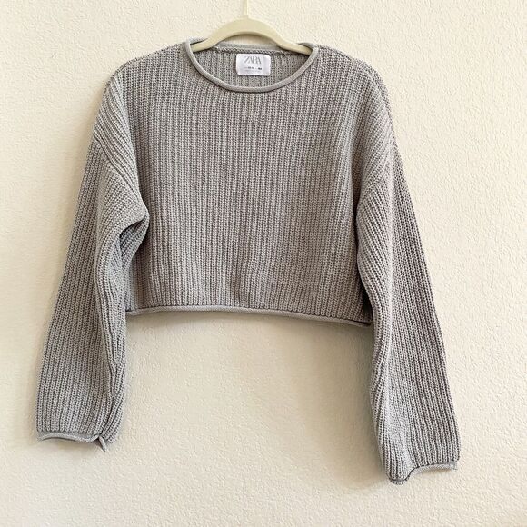Zara Womens Gray Chain Cropped Long Sleeve Knit Sweater SZ 13-14 Junior - Picture 1 of 7